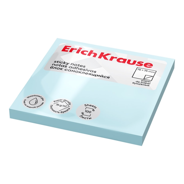 ErichKrause Bloc de 100 Notas Adhesivas Reposicionables - Papel de 75g/m2 - 75x75mm - Pegamento a Base de Agua - Color Azul