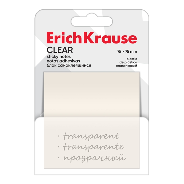 ErichKrause Clear Bloc de 50 Notas Adhesivas Reposicionables - Plastico - 75x75mm - Pegamento a Base de Agua - Color Transparente