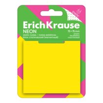 ErichKrause Neon Bloc de 50 Notas Adhesivas Reposicionables - Plastico - 75x75mm - Pegamento a Base de Agua - Color Amarillo