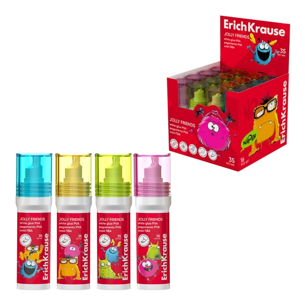 ErichKrause Jolly Friends Expositor con 16 Botellas de Cola Blanca PVA - 35ml - No Toxico - Facil de Lavar con Agua - sin Disolventes - Multisuperficie - Color Blanco