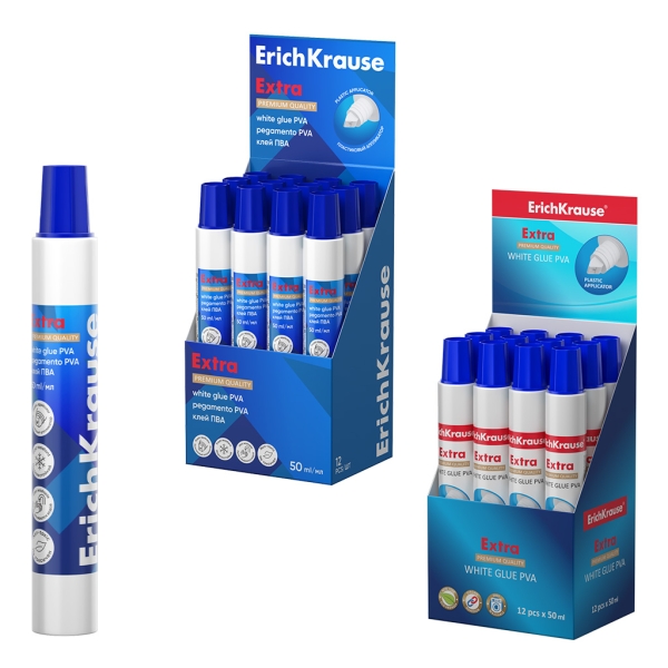 ErichKrause Extra Expositor con 12 Botellas de Cola Blanca PVA - 50ml - No Toxico - sin Disolventes - Multisuperficie - Color Blanco