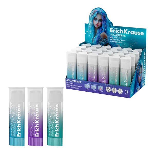 ErichKrause Prism Aquamarine Expositor con 24 Pegamentos en Barra - 13g - Adhesion Fuerte - Secado Rapido - Multisuperficie - Color Transparente