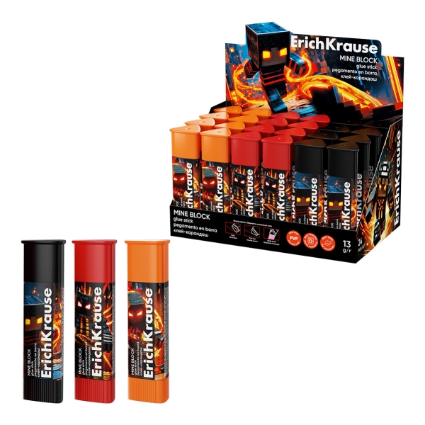ErichKrause Prism Mine Block Expositor con 24 Pegamentos en Barra - 13g - Adhesion Fuerte - Multisuperficie - Color Blanco