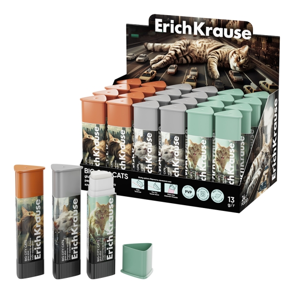 ErichKrause Prism Big City Cats Expositor con 24 Pegamentos en Barra - 13g - Adhesion Fuerte - Secado Rapido - Multisuperficie - Color Blanco