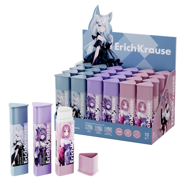 ErichKrause Prism Manga Expositor con 24 Pegamentos en Barra - 13g - No Toxico - Facil de Lavar con Agua - sin Disolventes - Multisuperficie - Color Blanco