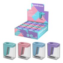ErichKrause City Mini Expositor con 28 Sacapuntas con Contenedor - Plastico - Cuchilla Niquelada de Acero al Carbono - Orificio de 8mm - Colores Surtidos