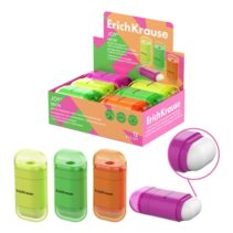 ErichKrause JOY Neon Expositor con 12 Sacapuntas con Contenedor - Goma de Borrar - Plastico - Cuchilla Niquelada de Acero al Carbono - Orificio de 8mm - Colores Surtidos