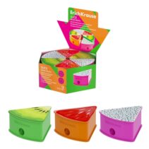 ErichKrause Slice Neon Fruits Expositor con 12 Sacapuntas con Contenedor - Plastico - Cuchilla Niquelada de Acero al Carbono - Orificio de 8mm - Colores Surtidos