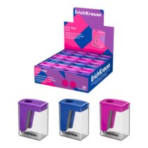 ErichKrause City Mini Vivid Expositor con 28 Sacapuntas con Contenedor - Plastico - Cuchilla Niquelada de Acero al Carbono - Orificio de 8mm - Colores Surtidos