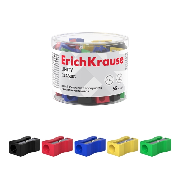 ErichKrause Unity Sacapuntas de Plastico - Cuchilla Niquelada de Acero al Carbono - Orificio de 8mm - Colores Surtidos