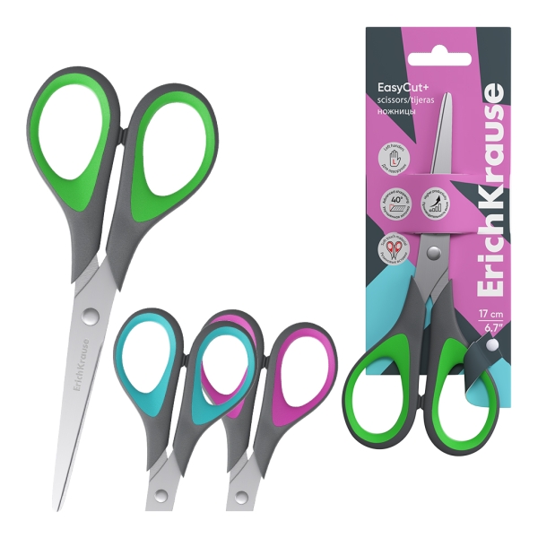 ErichKrause EasyCut + Tijeras de 17cm para Zurdos - Mangos de Plastico y Goma Antideslizante - Ergonomicas - Acero Inoxidable - Colores Surtidos