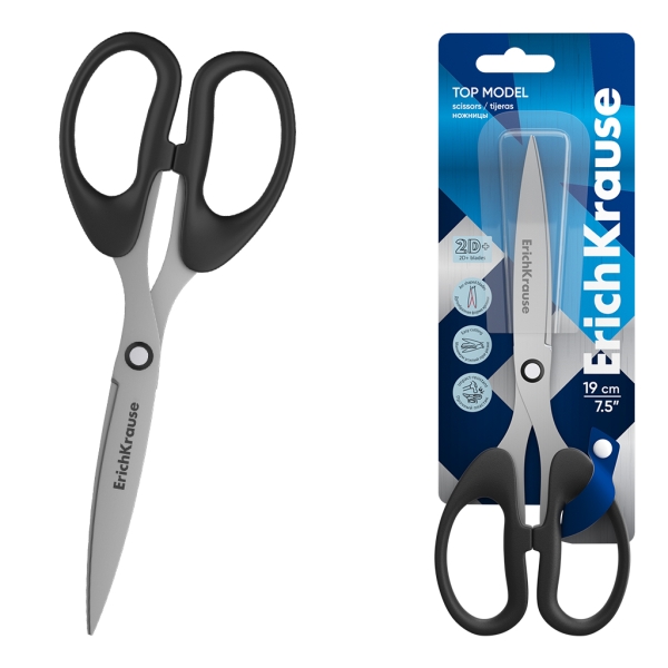 ErichKrause Top Model Tijeras de 19cm - Cuchillas en Forma de Arco - Mangos de Plastico Resistente a Golpes - Afilado Doble - Acero Inoxidable - Ergonomicas - Color Negro