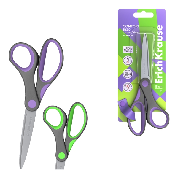 ErichKrause Comfort Tijeras de 15cm - Mangos de Plastico y Goma Antideslizante - Afilado Doble - Acero Inoxidable - Ergonomicas - Colores Surtidos