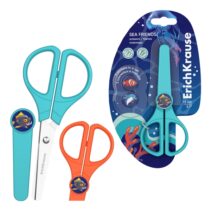 ErichKrause Sea Friends Protect Tijeras de 13cm - Puntas Redondeadas - Funda Protectora - Incluye 3 Pegatinas - Acero Inoxidable - Colores Surtidos