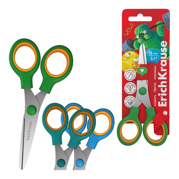ErichKrause Junior Softy Jolly Friends Tijeras de 13cm - Puntas Redondeadas - Mango de Plastico y Goma Antideslizante - Colores Surtidos