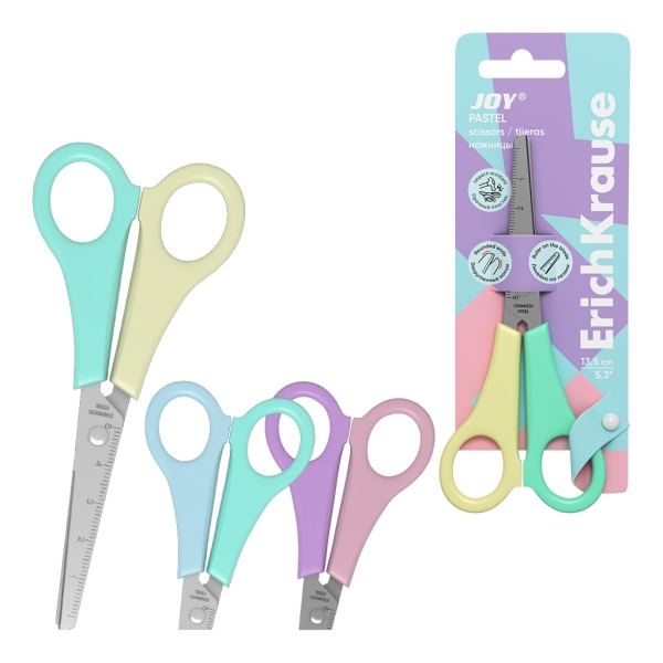 ErichKrause JOY Pastel Tijeras de 13.5cm - Puntas Redondeadas - Regla de 5cm en la Hoja - Mangos de Plastico Resistente a Golpes - Acero Inoxidable - Colores Surtidos