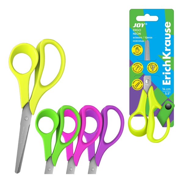 ErichKrause JOY Ergo Tijeras de 14cm para Zurdos - Puntas Redondeadas - Regla de 5cm en la Hoja - Mangos de Plastico Resistente a Golpes - Acero Inoxidable - Ergonomicas - Colores Surtidos