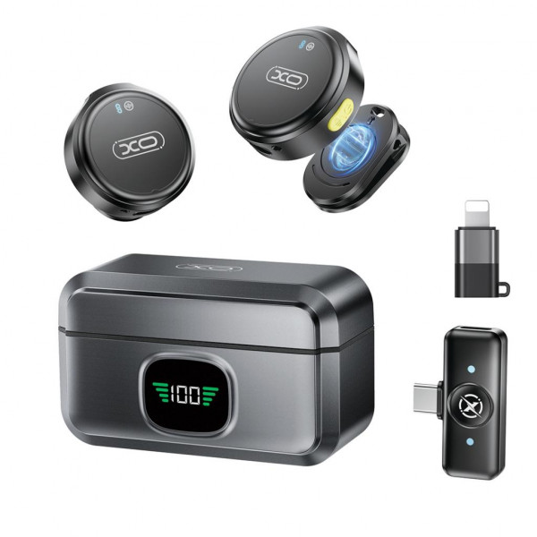 XO MC12 Microfono Inalambrico de Solapa - Estuche de Carga - Autonomia hasta 8h - Reduccion de Ruido IA - Alcance 15m - USB-C - Pantalla LED - Clip Magnetico - Color Gris