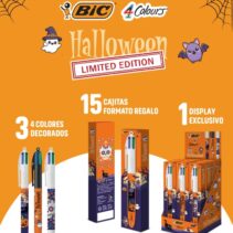 Bic 4 Colours Halloween Expositor con 15 Boligrafos de Bola Retractil - 3 Diseños Diferentes - En Caja Individual - Punta Media de 1.0mm