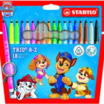 Stabilo Trio A-Z Patrulla Canina Pack de 18 Rotuladores con Diseños de la Patrulla Canina - Punta Fina de Fibra - Trazo 0.7mm - Tinta Lavable - Zona de Agarre Triangular - Colores Surtidos