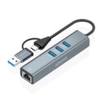 Aisens Conversor USB3.2 Gen1 + USB-C a Ethernet Gigabit 10/100/1000 Mbps - Hub 3xUSB3.0 - 15cm - Color Gris