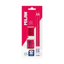 Milan Coleccion nata® 624 Pack con 2 Lapices HB + Sacapuntas + Goma de Borrar - Lapices de Forma Cuadrada